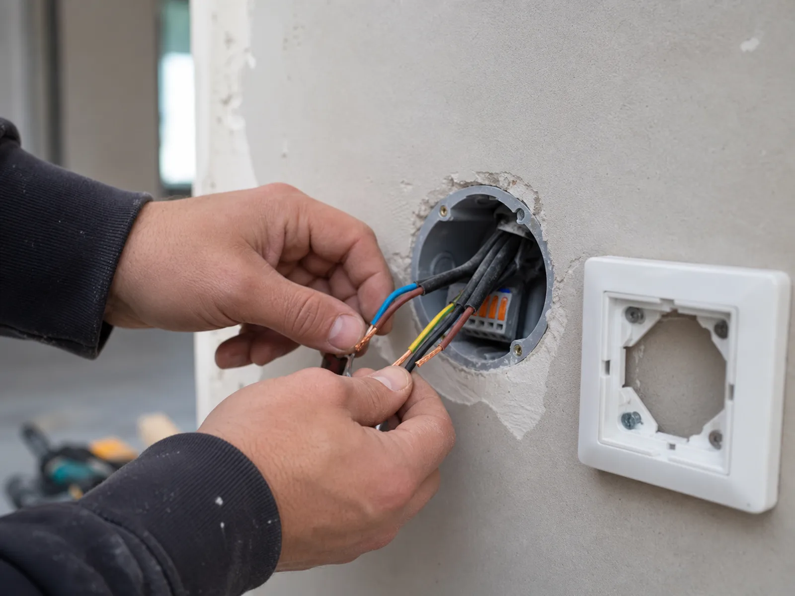 Ruce elektrikáře odizolovávají barevné vodiče před zapojením do krabice pod vypínačem