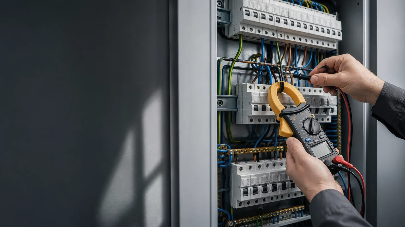 Elektrikář měří jističe v rozvaděči klešťovým ampérmetrem